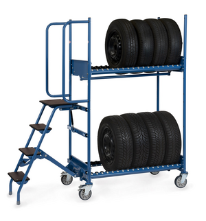 Reifen-Transporthelfer:  Reifen-Kommissionierwagen fürs Reifenlager